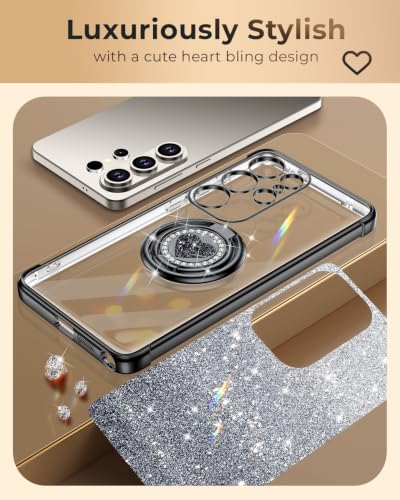 Image of XYZ for Galaxy S25 Ultra Case with Stand - Phone Case with Double Ring Kickstand - Bling Luxury Glitter Clear Phone Cases Heart for Women Girls, Black