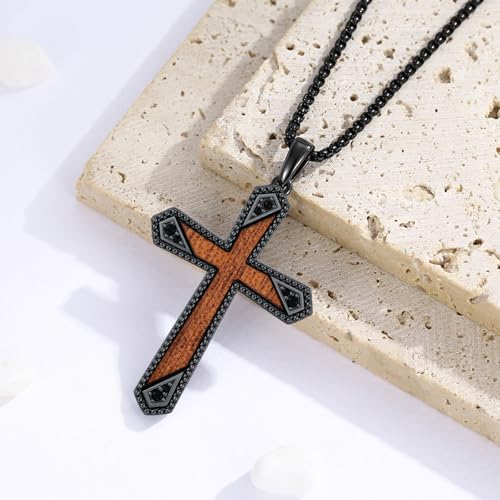 Wooden Cross Necklace 925 Sterling Silver Walnut Black Necklace Religious Jesus Pendant Jewelry for Men - Image 4