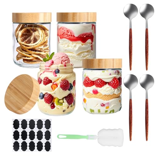 4 Pack Overnight Oats Jars with Wooden Lid 16OZ /480MLand Spoon S...