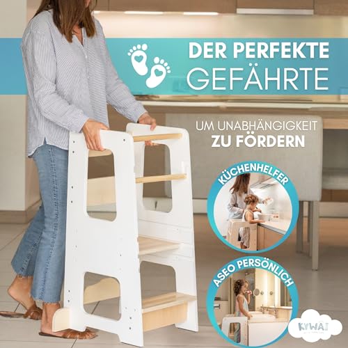 KYWAI® – Montessori Lernturm ab 1 Jahr, aus robustem Holz, Premium-Modell in Großformat, Learning Tower mit Doppelter Sicherheitsbarriere, Antirutschstreifen, Höhenverstellbar