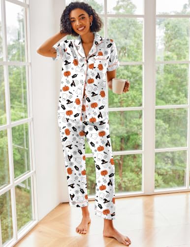 Image of Ekouaer 2 Piece Satin Short Sleeve Pajamas Set Button Down Sleepwear