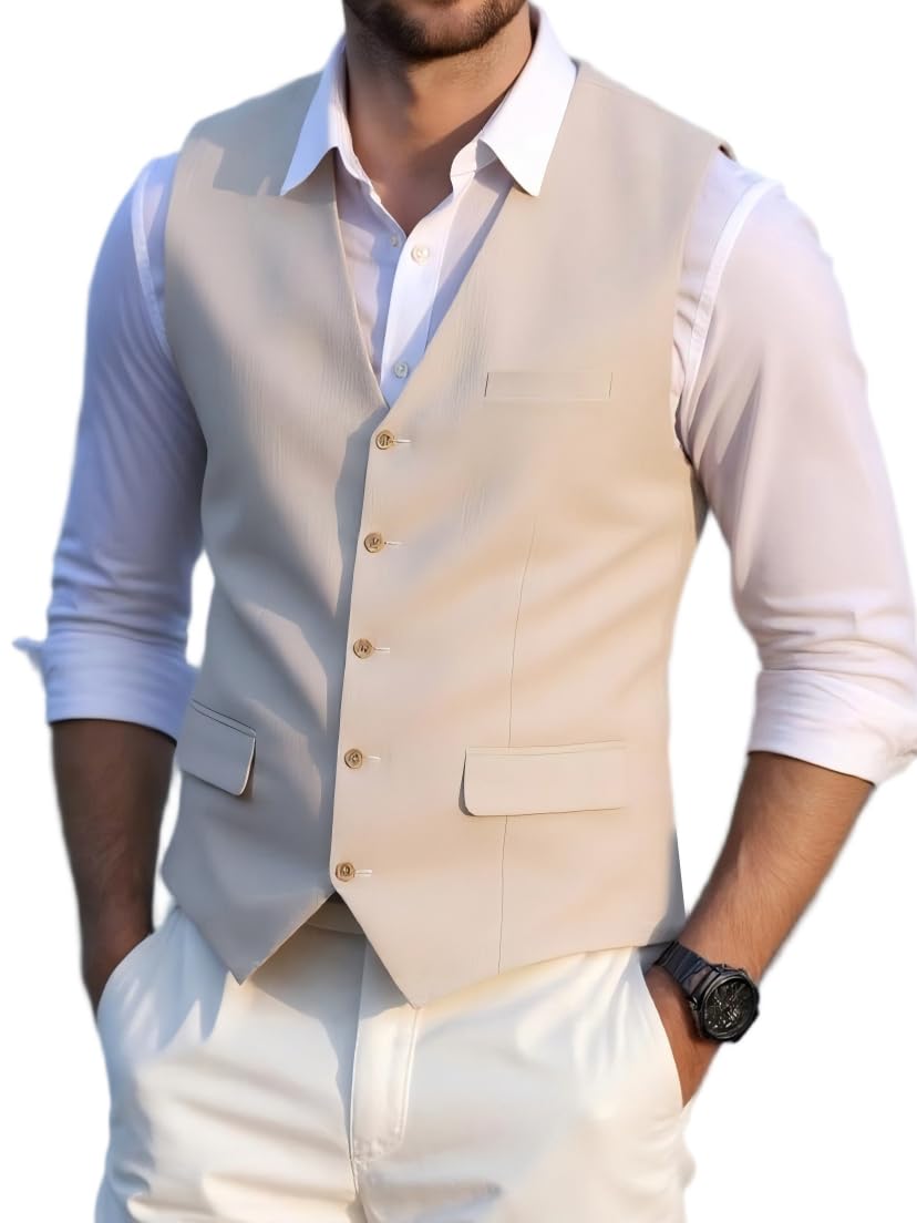 Chaleco de lino de verano para hombre, corte regular, traje clásico, chaleco para bodas y fiestas (beige, XXL), beige, XXL