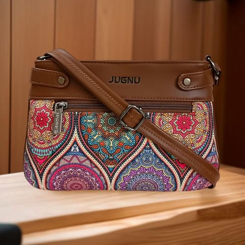 Image of JUGNU Sling Bag for Women, Jute Fabric, Crossbody Style, Slim Design, Multicolour, Medium Size, Lightweight, Adjustable Strap, Zipper Closure, 5 Pockets