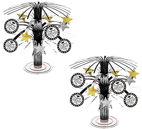 Black, Silver and Gold Graduation Party Caps and Stars Mini Cascade Table Centerpiece Decoration, Foil, 7 (2-Pack)