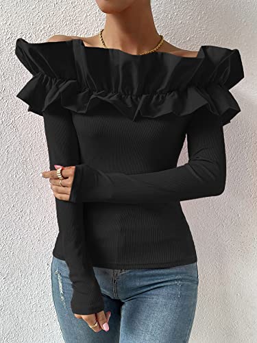OYOANGLE Women's Long Sleeve Rib Knit Ruffle Off Shoulder Blouse Party Tops Shirt4