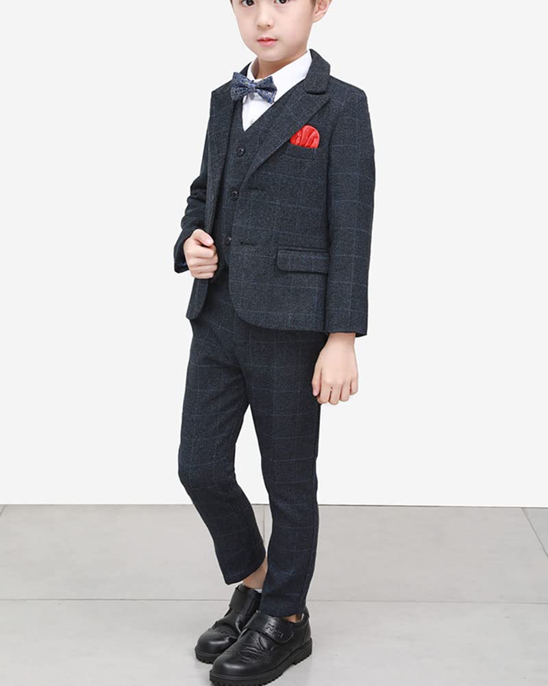 DAIHAN Traje Comunión de Tweed de niño Actuación Cumpleaños Fiesta de Bodas Traje de Fiesta de Esmoquin Pantalones de Chaqueta de Solapa con Pajarita Conjunto de Trajes de Bautizo de Caballero