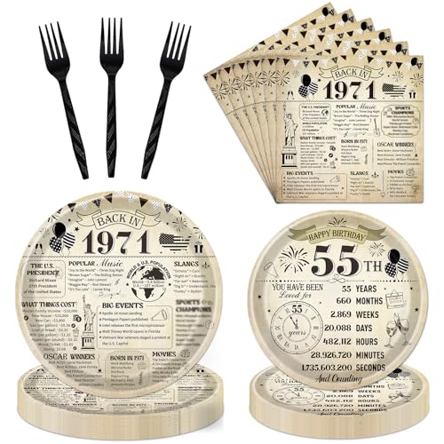refavor 55 Birthday Decorations for Men Women Vintage 96PCS Back in 1971 55th Party Plates Napkins and Forks Tableware Disposable Cheers to 55 Years Dinnerware Supplies 24 Guests