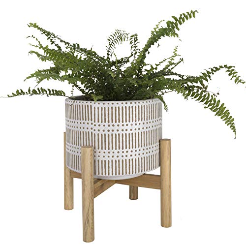 La Jolíe Muse Maceta, jardineras Exterior, Maceta Interior, Maceta cerámica con Soporte de Madera, Maceta de Mesa Decorativo Estilo Boho con Agujero de Drenaje, 14 cm, Blanco y Beige Arena