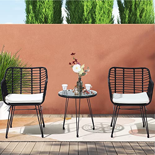 KROFEM 3 Pieces Wicker Patio Bistro Furniture Set, Includes 2 Chairs and Glass Top Table, Ideal for Porch, Outdoor, Backyard, Apartment, Balcony Black Color - Thumbnail 7