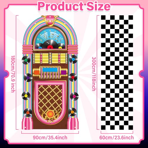 Image of 2Pcs 50s Retro Jukebox Door Cover Back to 1950s Rock Party Drop Decoration 50s Hanging Backdrop with Black White Checkered Runner Rug 1950s Porch Sign Background for Rock Music Retro Birthday Party