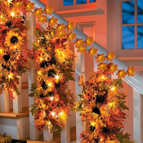 Image of GOOTHY Fall Decor Orange Maple Leaf String Lights Plug in, 13.6Ft LED Outdoor Thanksgiving Decorations Lights with 35 Maple Leaves Light, Hanging Halloween Leaves Light for Outdoor Fall Party Window