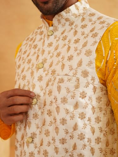 Image of SOJANYA (Since 1958 Men's Pure Cotton Mustard Kurta and White Pyjama With Yellow Embroidery Nehru Jacket