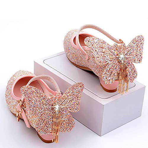 Rose Shoes for Girls Girls Wedding Dress Shoes Performance Shoes Sequins Butterfly Rhinestone Girls Princess Shoes Little/Big Child (Pink, 1 Big Kids)2