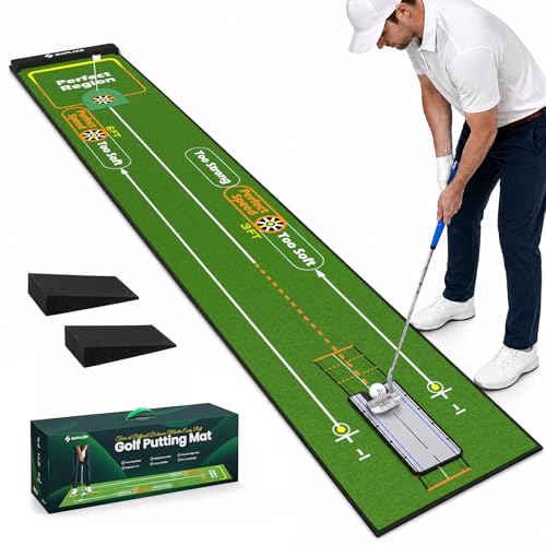 SAPLIZE Golf Putting Mat – Multiple Training Modes, Putting Alignment Mirror & Adjustable Slopes | Indoor/Outdoor Putting Green Practice Mat (Gift Box)