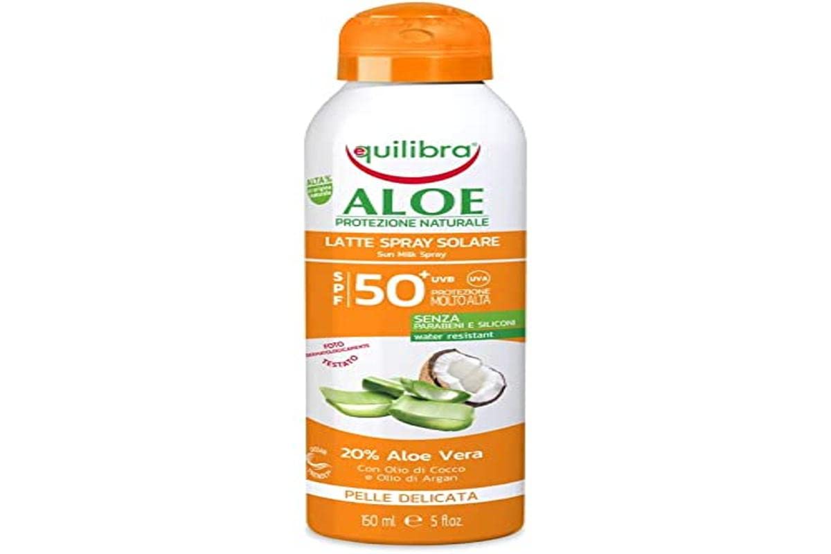 Equilibra Protector Solar, Spray Leche Solar Spf 50+ con Aloe Vera, Aceite de Coco y de Argán y Vitamina E, Pieles Delicadas, Protege del Eritema y del Fotoenvejecimiento, Resistente al Agua, 150 ml