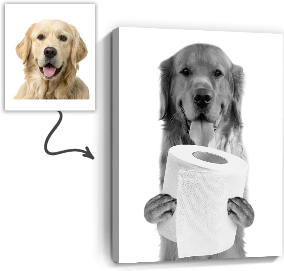Black and White Bathroom Wall Art, Custom Dog Wall Decor With Photos, Personalized Dog Holding Toilet Paper Pictures Canvas Prints, Customizable Pet