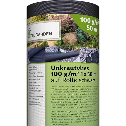 TTL Garden 100g/m² Unkrautvlies 50m² 1x50m Rolle - wasserdurchlässig 50 x 1 m breit auf Rolle - Gartenvlies reißfest UV-stabil & atmungsaktiv - Garten Mulchvlies Vlies Folie gegen Unkraut schwarz