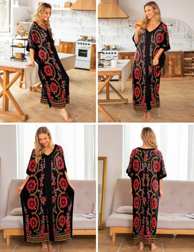 Image of Bloggerlove Women Nightgowns Cotton Caftan House Dress Short Sleeve Sleepwear Vacation Beach Moo Moos Dress with Pockets