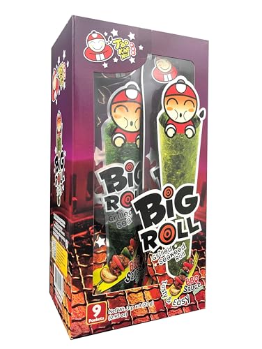 Tao Kae Noi Big Roll Grilled Seaweed BBQ Sauce, gegrillter Seetang, gegrillter Algensnack mit BBQ Flavour, 9 Snackrolls a 3 g, 27 g