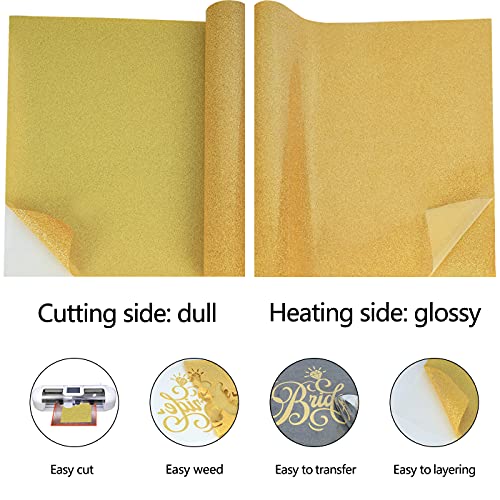 Image of guangyintong Glitter Gold Heat Transfer Vinyl HTV Rolls, 12 inch x 8ft Gold Iron on Vinyl for T-Shirts HTV Vinyl for All Cutter Machines Easy to Cut & Weed for Heat Vinyl Design