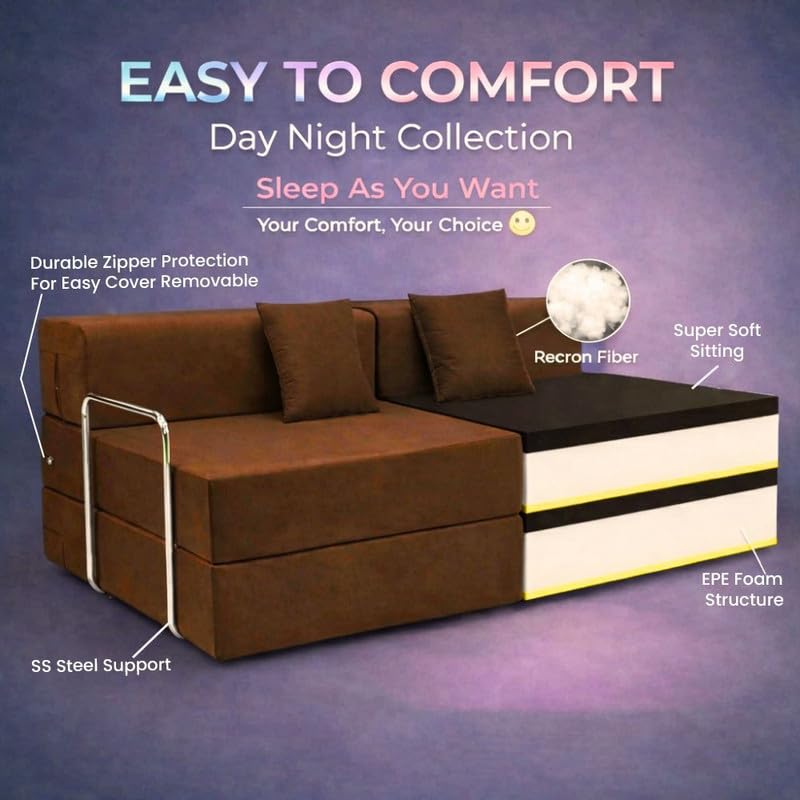 Image of Adorn India Easy Premium Modular 4 Seater Sofa Cum Bed | Velvet Suede Fabric | Colour Brown | Modern Design | Size 6x6 Fit | Comfortable for Seat & Sleep | Washable Cover | Perfect for Home & Office