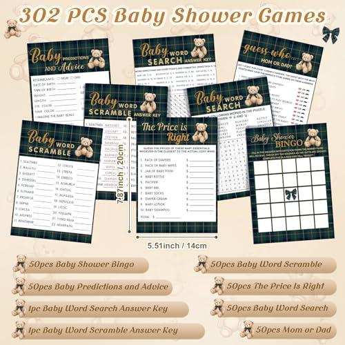 Image of 302 Pcs Baby Shower Games, 6 Games,50 Sheets Each, Bear