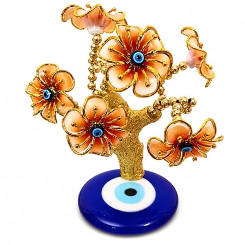 Image of Luxury Evil Eye Flower Tree Showpiece for Home Decor | Golden Crystal Flower Bonsai Tree with Nazar Protection Base | Decorative Tabletop Ornament for Living Room, Office & Gift Purpose