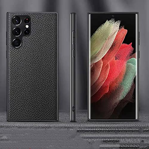 Coque en cuir Samsung S22 Plus noire : housse rigide rétro Lychee Grain pour Galaxy S22+ cover