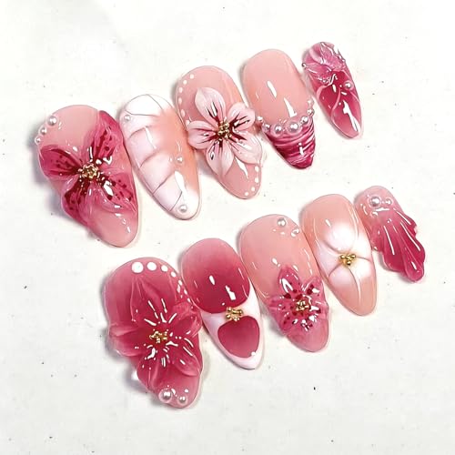30Pcs Glitter Pink Press on Nails Flower and 3D Pearl