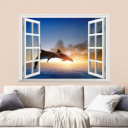 Wall26 Removable Wall Sticker/Wall Mural - Beautiful Couple Jumping Dolphins At Sea Sunset | Creative Window View Home Decor/Wall Decor - 24"X32" #TOP1