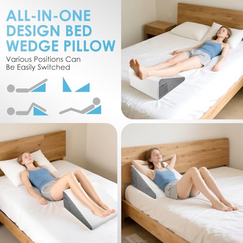 Vielseitig Keilkissen mit Nackenrolle, 25D Memory-Schaumstoff Lesekissen für Bett und Sofa, Ergonomisches Kopfkissen für Reflux Schlafapnoe, Lendenkissen, Beinkissen, Rückenstützkissen, L50xB50xH26cm