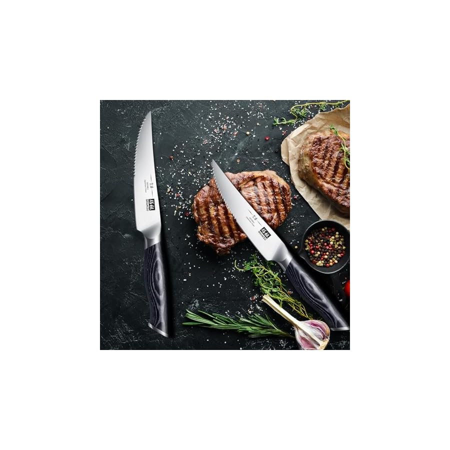 SHAN ZU 6 Pc Steak Knife Set, 4.5 Inch High Carbon Japanese Super Steel Steak Knives, Ultra Sharp Kitchen Steak Knife with K133 Ergonomic Handle, Black Tortoise Genbu Series