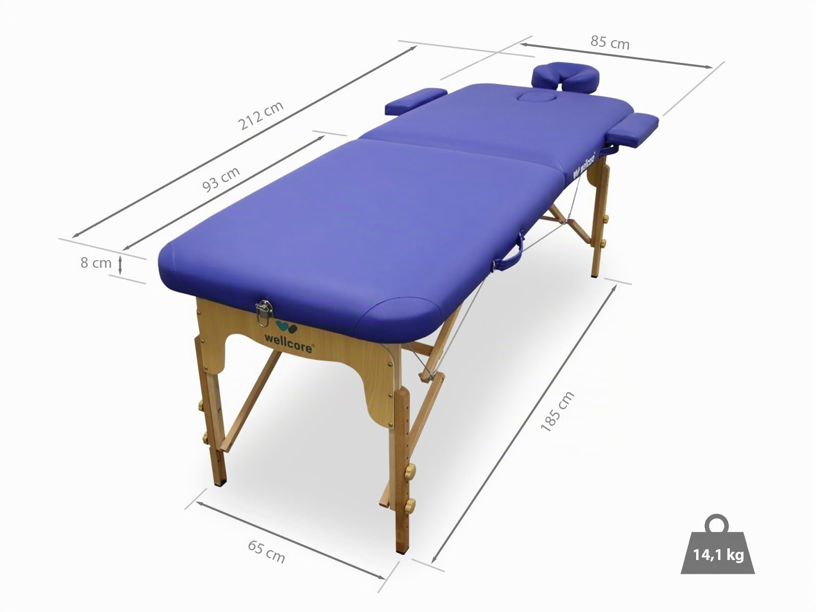 WELLCORE Table de Massage Pliable en Bois en Similicuir 185 x 65 cm, Hauteur réglable, tête Amovible, Deux Bras d'agrandissement, Trou Facial, Couleur Argent, jusqu'à 225 kg
