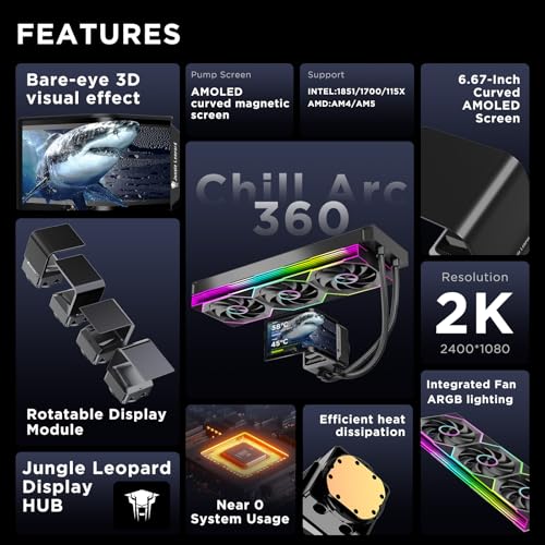 Image of 360mm AIO CPU Cooler with 6.67 inch 2K AMOLED Rotatable Screen | 320W TDP Liquid Cooling | ARGB Fans | Intel LGA1851 /1700 /115X & AMD AM5 /AM4 Compatible | Black