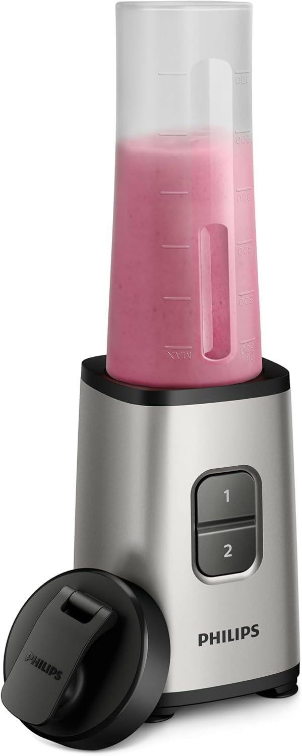 Philips Mini Batidora de Vaso To-Go, 350 W, 0,7L, Plata | 350 W, Vaso para llevar de 0,7L, batidora smoothie, tritura hielo, cuchilla desmontable, apto para lavavajillas (HR2600/80)