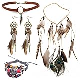 MLPKOI 4Pcs Tocado Indio Boho Conjunto, con Diadema, Collar de Cuero, Pendientes Atrapasueños Colgante, Pulsera, Disfraz India, Disfraz de India, Joyería Vintage Bohemia Hippie, Ideal para Carnaval
