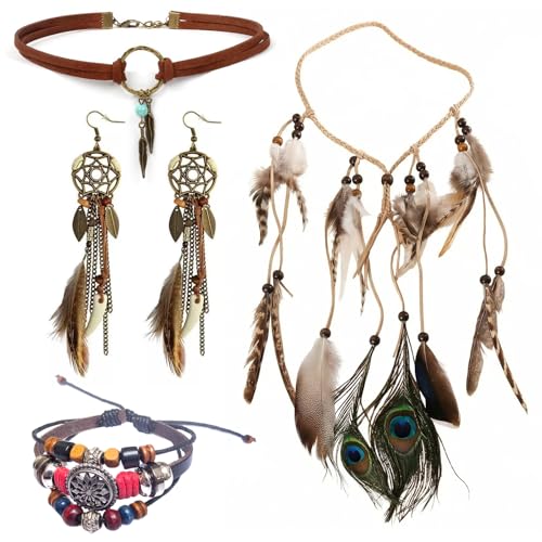 MLPKOI 4 Pcs Coiffe Indienne Ensemble Collier Cuir Boucles d'oreilles Plumes Bracelet, Style Bohème Hippie, Vintage Boho Hippie Tribal Thème, Accessoires pour Femmes Filles Carnaval Bijoux