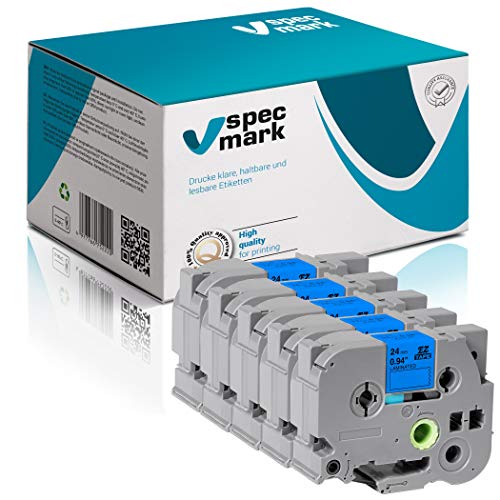 Ruban TZe-555 Brother PT compatible specmark blanc sur bleu 24mm lot de 5