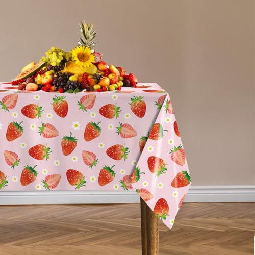 Image of 3 Pack Strawberry Tablecloths Strawberry Birthday Plastic Table Cover for Berry First Birthday Decor Baby Shower Party Decorations, 54 x 108 Inch