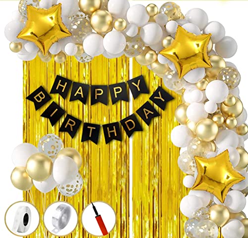 Emazing 63 Pcs All-in-One Birthday Decoration Set ? Black & Gold Happy Birthday Banner, Balloons, Foil Curtains, Star Balloons, Hand Pump & Arch Tape | Perfect for All Ages & Theme White Balloon Combo