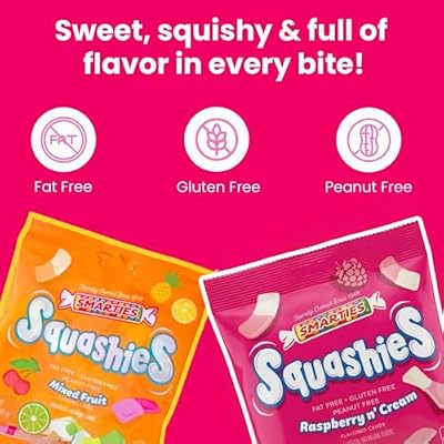 Smarties Squashies Variety Pack Foam Marshmallows Gummy Candies - Raspberry & Cream and Mixed Fruit Flavored - Allergen Free, Peanut Free & Gluten Free Candy - Soft & Chewy Squashies Candies - 5 oz Bag (Pack of 2)