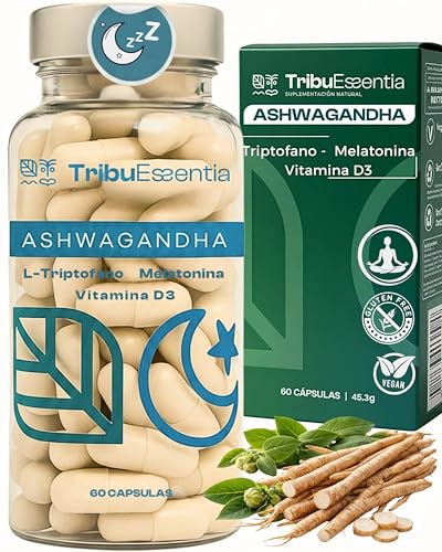 Ashwagandha + Triptofano Plus + Melatonina y Vitamina D3 Tu Descanso No Es Negociable Ashwaganda Natural Capsulas Veganas Sin Gluten Ashawanda Contribuye una mejora del Estrés y Cortisol