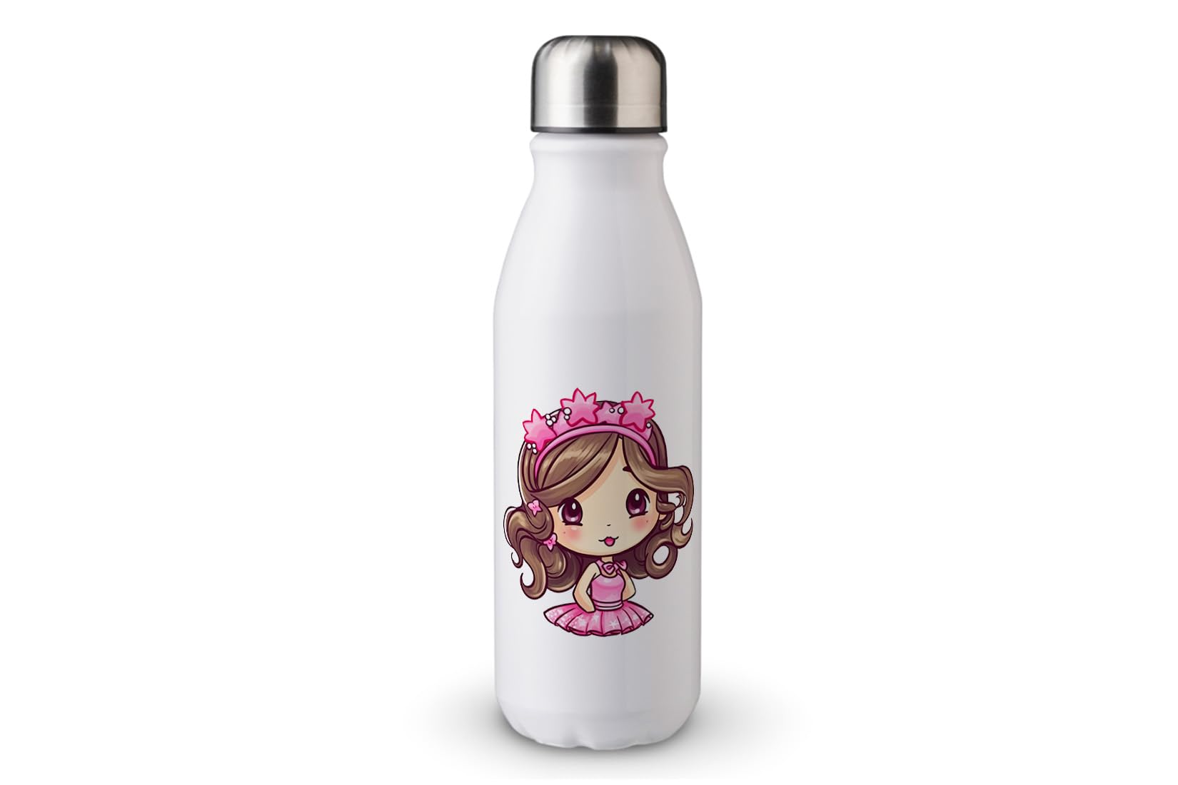 MAXIKIWI - Single Wall Water Drinking Bottle with Screw Cap, Non Insulated Lightweight Aluminium, BPA Free, Leak-Proof - Cute Princess With Tiara - 500ml