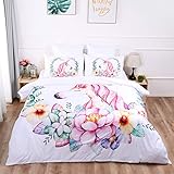 Stillshine Ropa de Cama Blanco 3D Unicornio Rosado Flores Fu