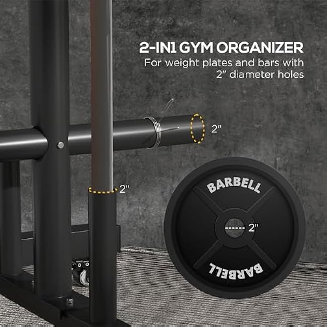 Soozier 2 Inch Weight Plate Rack, Plate Rack Holder for Olympic Weight Plates and Bars, with 4 Transport Wheels and 6 Fasten Clamps, 440 lbs. Capacity