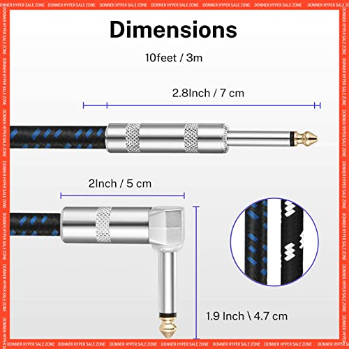 Image of Donner Guitar Cable 10 ft, Premium Electric Instrument Bass Cable AMP Cord 1 /4 Right Angle to Straight Black Blue