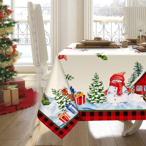 Tiamon Christmas Tablecloth Xmas Table Cover Rectangle Fabric Winter Snowman Gnome Vintage Table Cloth for Farmhouse Decor Holiday Party Supplies(60 x 84 Inch) – Image 5