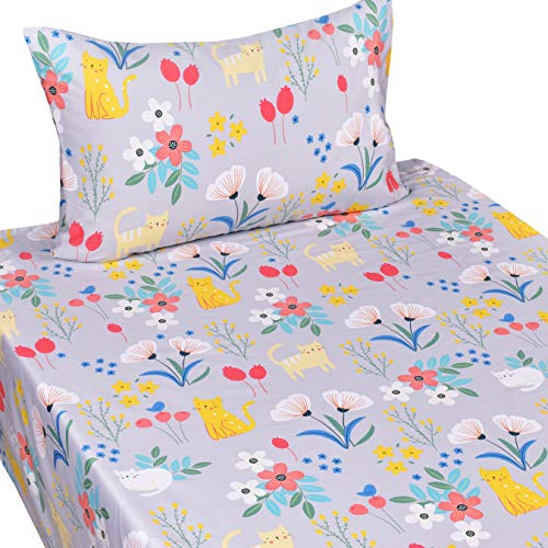 Image of Scientific Sleep Kitty Cats Flowers Girls Kids Toddler Teens 100% Cotton Twin Bed Sheet Set, Flat Sheet & Fitted Sheet & Pillowcase Bedding Set (Cats Flower, Twin)