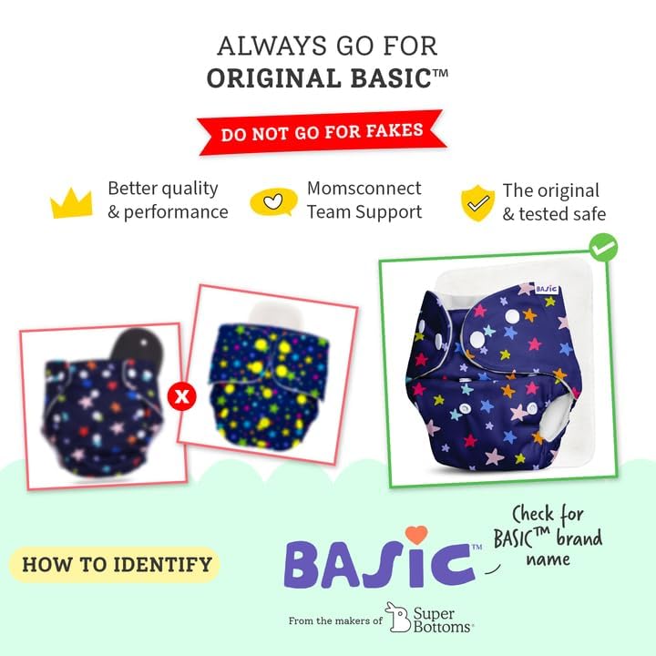 Image of BASIC Reusable Cloth Diapers | New Trimmer Version | Adjustable, Washable & Rash-Free | Includes Absorbent Pad with Dry Feel Layer | Fits 3M-3Y (5-17kg) | Certified & Comfortable for Babies