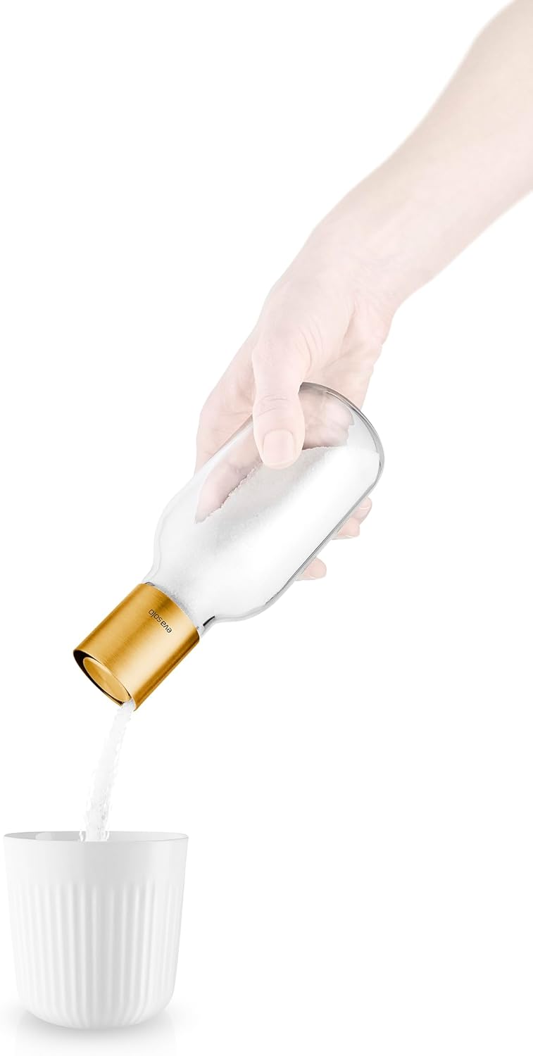 Eva Solo | Sugar Dispenser | Sleek glass design with a brass look PVD-coated stainless steel top that requires no polishing | brass